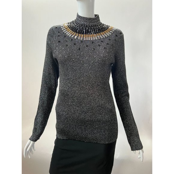 Investments Jeweled Neck Sweater  Large Black  Vintage Cotton Poly Blend - Picture 1 of 16